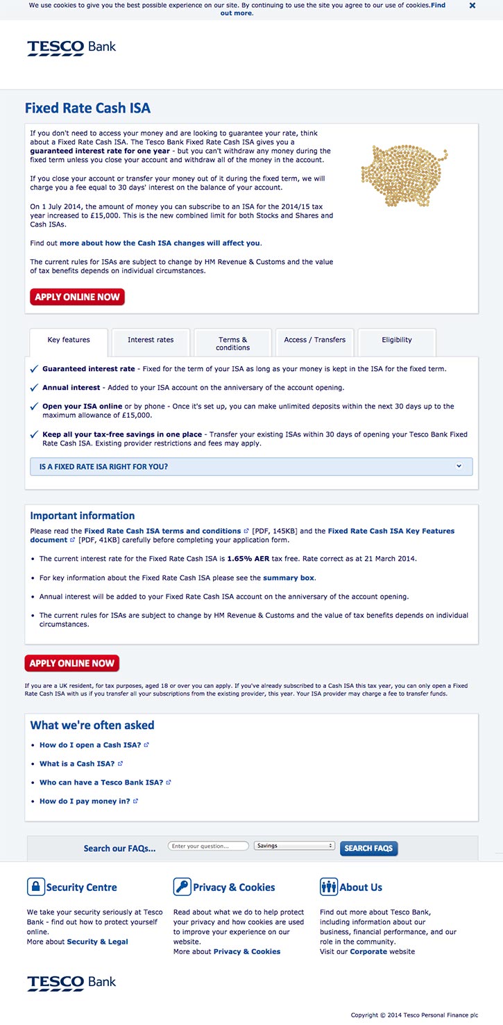 Revised tesco.com ISA landing page